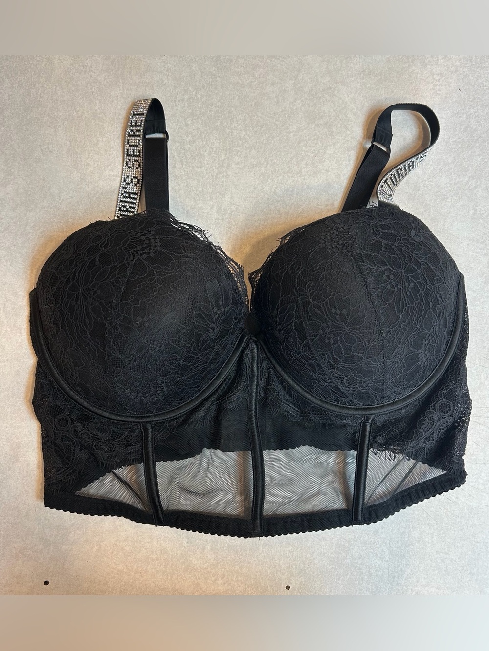 Victoria Secret Very Sexy Shine Strap Push-up Corset Top Black Lace Longline Bra